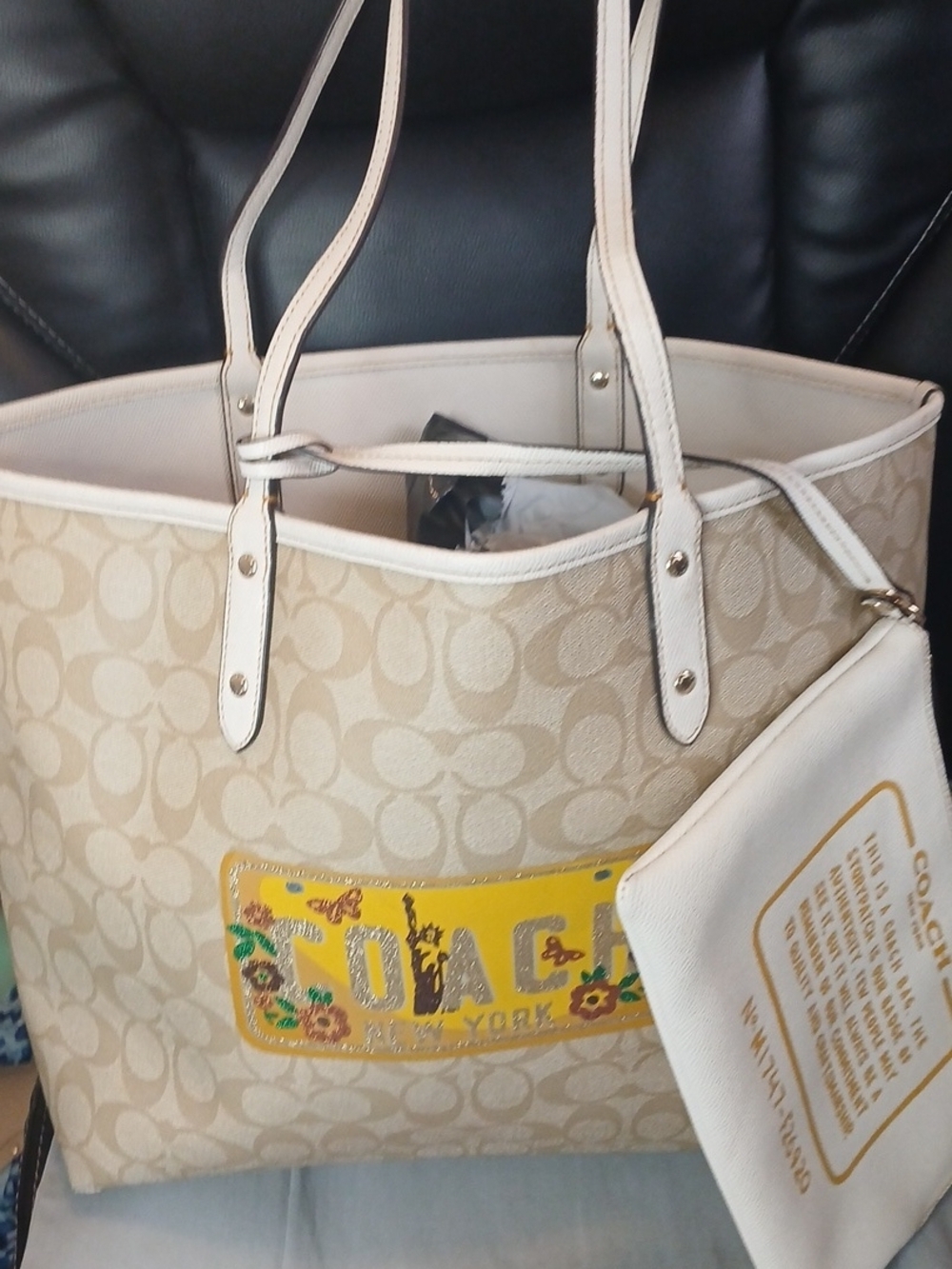 Coach Beige Signature NY License Plate Reversible Tote & Matching Pouch
